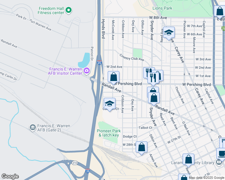 map of restaurants, bars, coffee shops, grocery stores, and more near 1317 West 32nd Street in Cheyenne