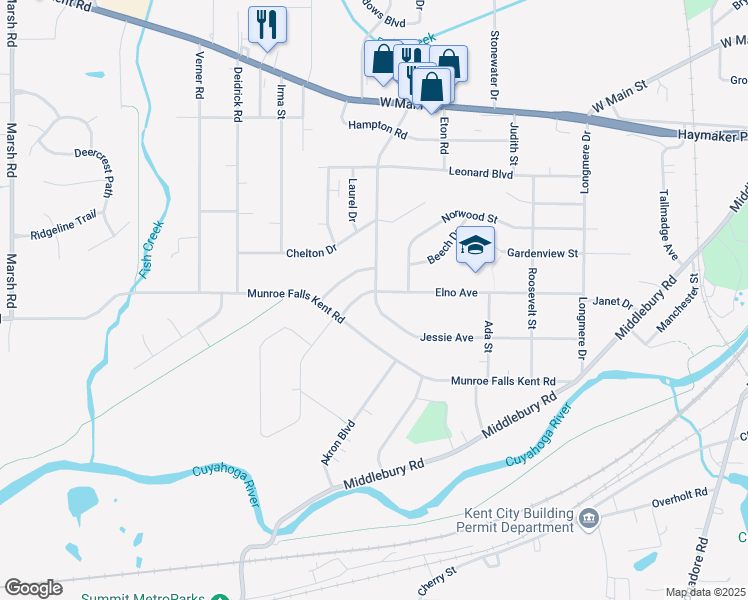 map of restaurants, bars, coffee shops, grocery stores, and more near 1260 Elno Avenue in Kent