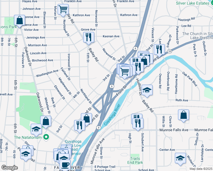 map of restaurants, bars, coffee shops, grocery stores, and more near 2607 3rd Street in Cuyahoga Falls
