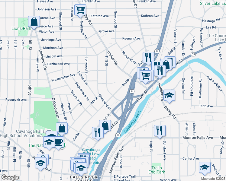 map of restaurants, bars, coffee shops, grocery stores, and more near 2593 Tifft Street in Cuyahoga Falls