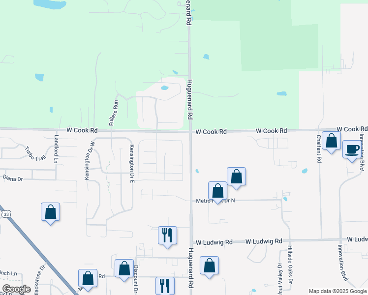 map of restaurants, bars, coffee shops, grocery stores, and more near 7350 Chippenham Drive in Fort Wayne