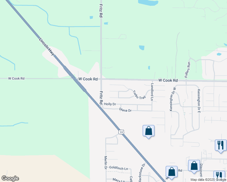 map of restaurants, bars, coffee shops, grocery stores, and more near 5227 Coronet Court in Fort Wayne
