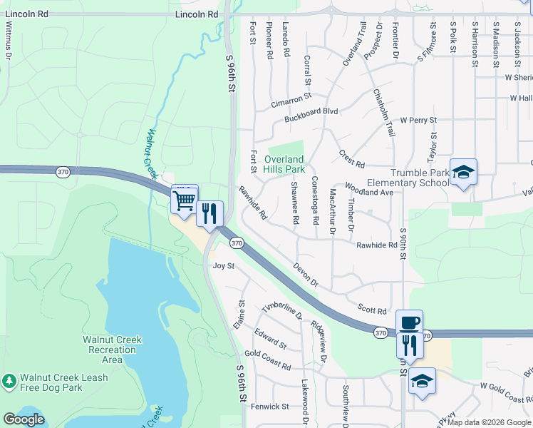map of restaurants, bars, coffee shops, grocery stores, and more near 1126 Rawhide Road in Papillion