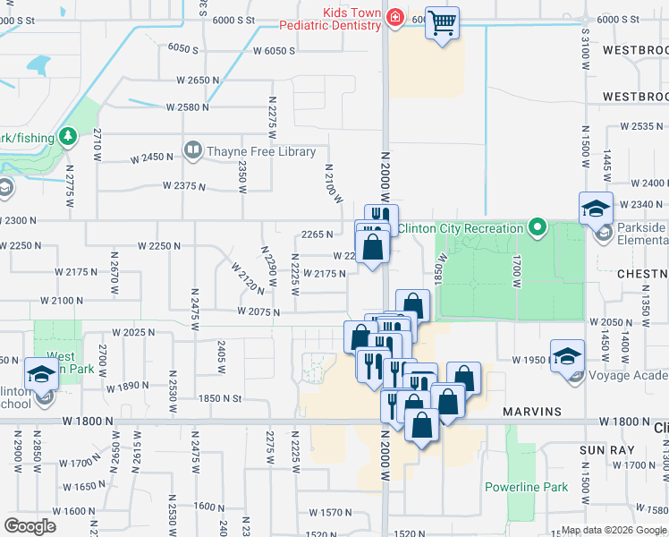 map of restaurants, bars, coffee shops, grocery stores, and more near 2132 West 2175 North in Clinton