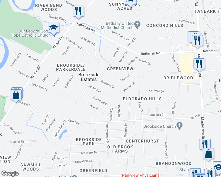 map of restaurants, bars, coffee shops, grocery stores, and more near 5412 Ashland Drive in Fort Wayne