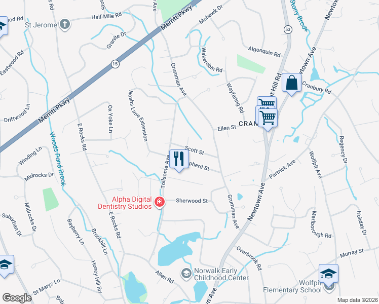 map of restaurants, bars, coffee shops, grocery stores, and more near 7 Scott Street in Norwalk