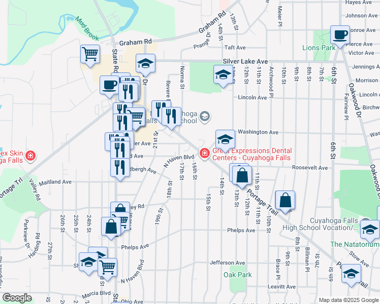 map of restaurants, bars, coffee shops, grocery stores, and more near 2680 North Haven Boulevard in Cuyahoga Falls