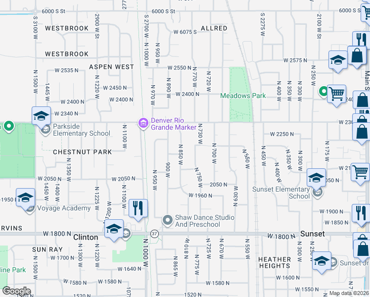 map of restaurants, bars, coffee shops, grocery stores, and more near 2182 North 850 West in Clinton