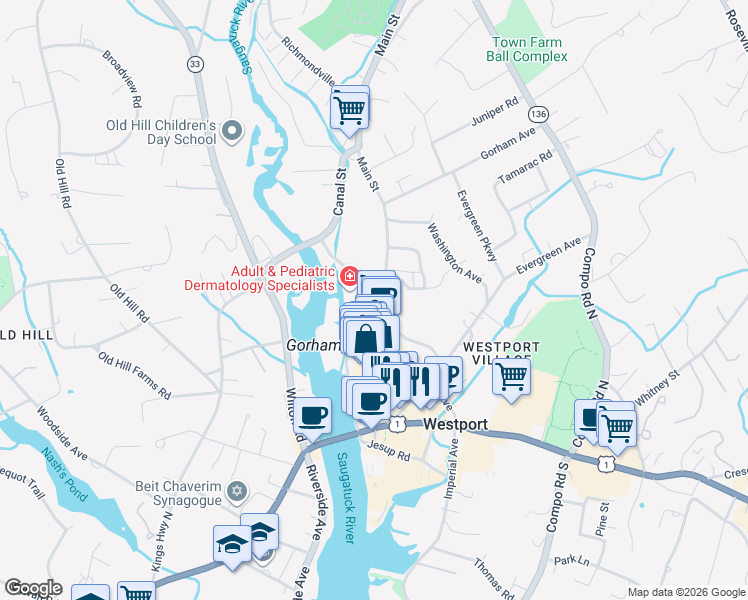 map of restaurants, bars, coffee shops, grocery stores, and more near 9 Belden Place in Westport