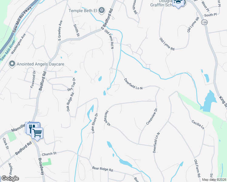 map of restaurants, bars, coffee shops, grocery stores, and more near 150 Old Farm Road North in Chappaqua