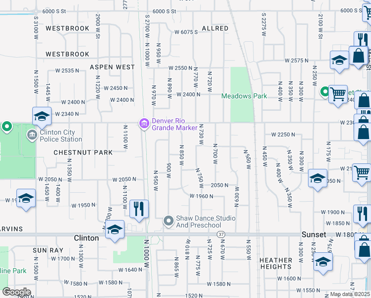 map of restaurants, bars, coffee shops, grocery stores, and more near 2182 North 850 West in Clinton