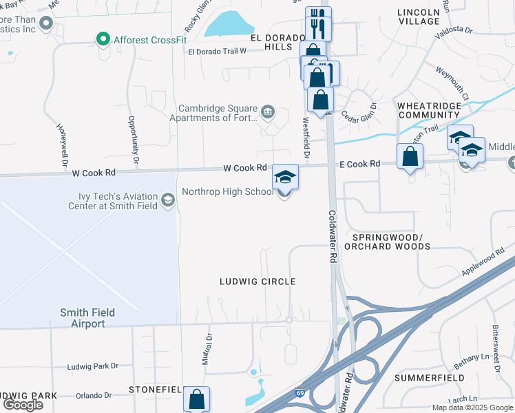 map of restaurants, bars, coffee shops, grocery stores, and more near 7001 Coldwater Road in Fort Wayne