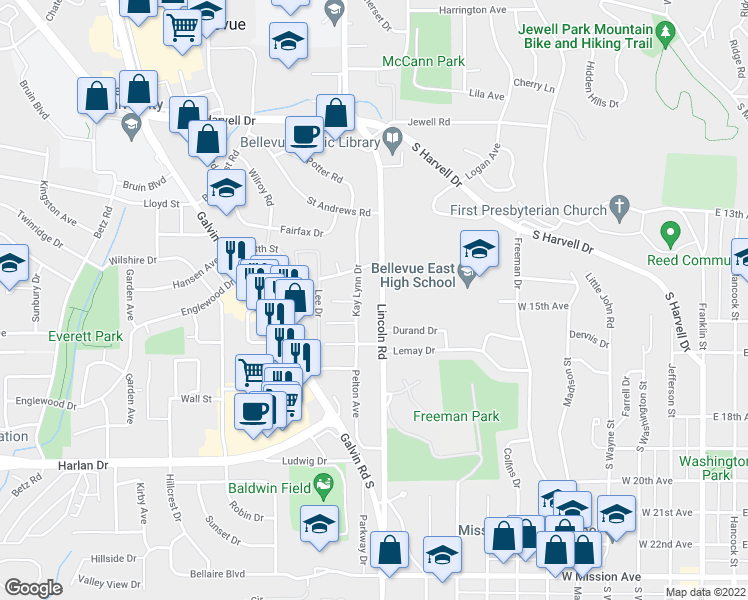 map of restaurants, bars, coffee shops, grocery stores, and more near 1312 Lincoln Road in Bellevue