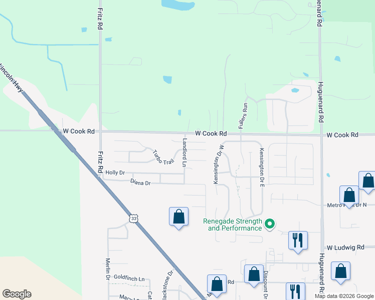 map of restaurants, bars, coffee shops, grocery stores, and more near 7221 Landlord Lane in Fort Wayne