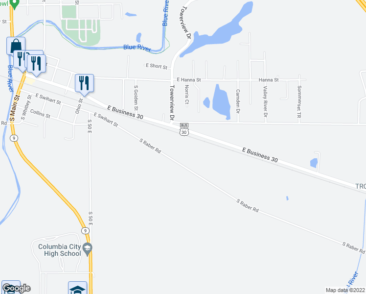 map of restaurants, bars, coffee shops, grocery stores, and more near 1225 South Raber Road in Columbia City