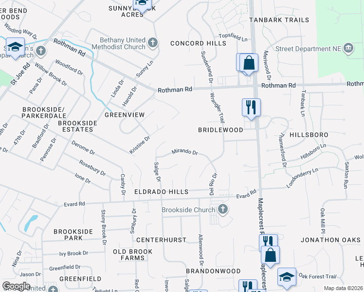 map of restaurants, bars, coffee shops, grocery stores, and more near 5722 Mirando Drive in Fort Wayne