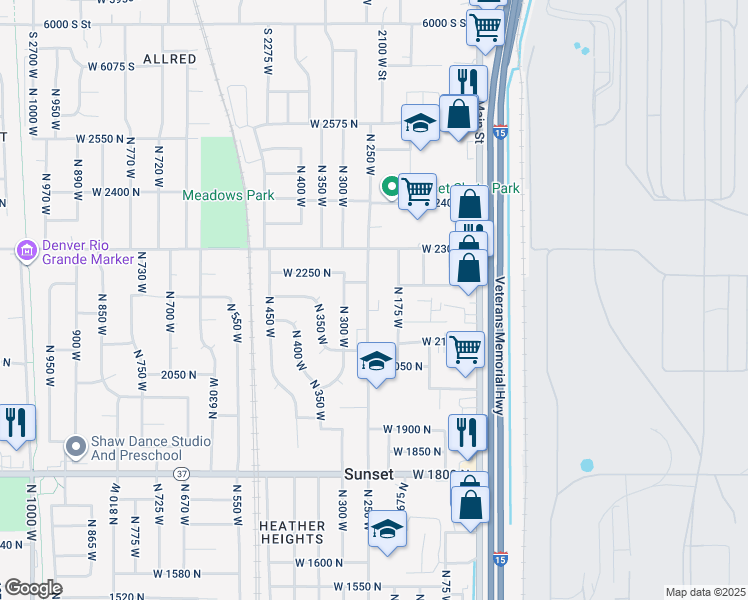 map of restaurants, bars, coffee shops, grocery stores, and more near 2150 North 250 West in Sunset