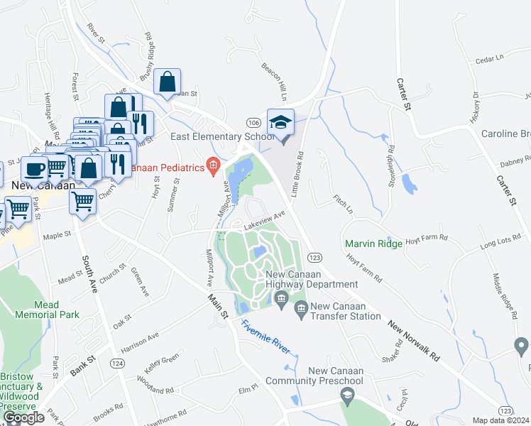 map of restaurants, bars, coffee shops, grocery stores, and more near 100 Lakeview Avenue in New Canaan