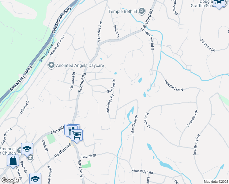 map of restaurants, bars, coffee shops, grocery stores, and more near 27 Oak Ridge Road in Pleasantville