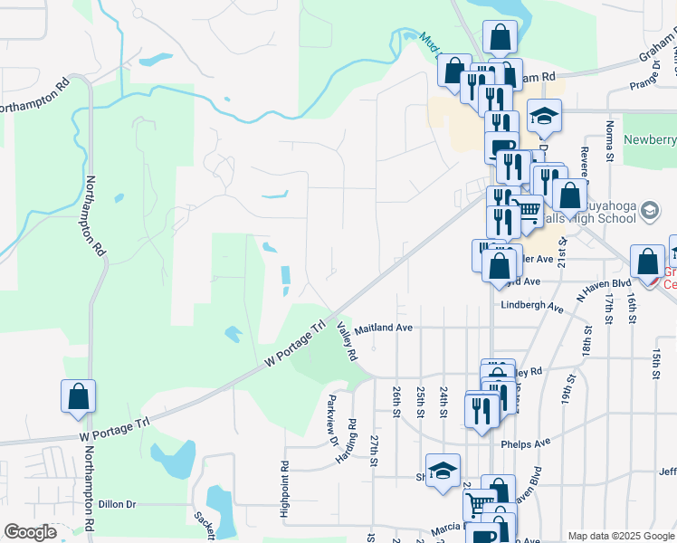 map of restaurants, bars, coffee shops, grocery stores, and more near 267 Portage Trail Extension West in Cuyahoga Falls