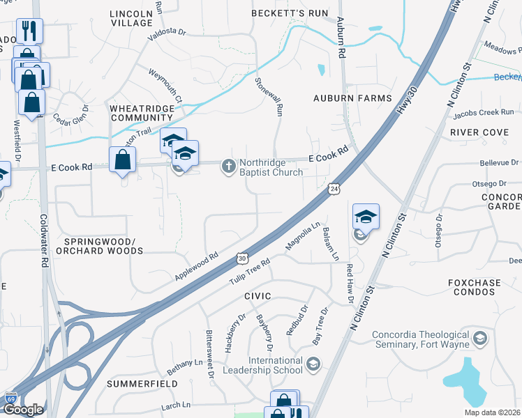 map of restaurants, bars, coffee shops, grocery stores, and more near 1330 Springbrook Road in Fort Wayne