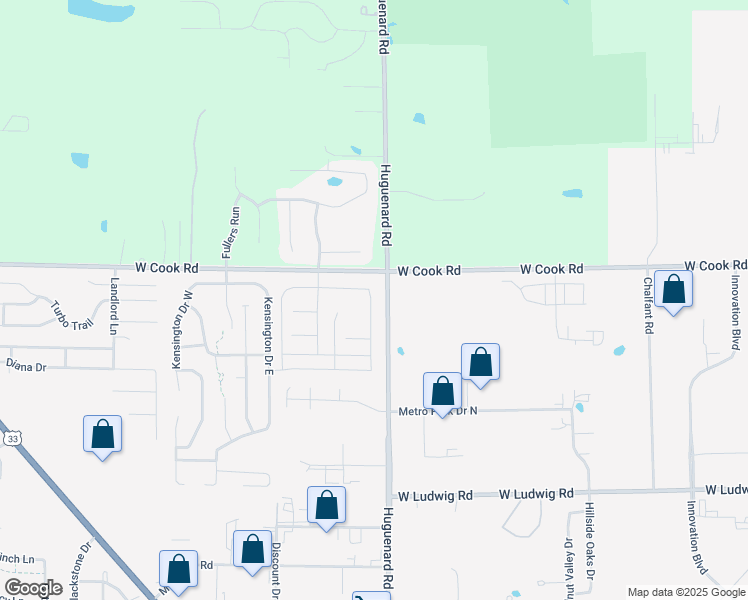 map of restaurants, bars, coffee shops, grocery stores, and more near 7350 Chippenham Drive in Fort Wayne