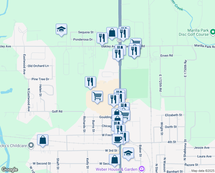 map of restaurants, bars, coffee shops, grocery stores, and more near 24 Dannys Drive in Streator