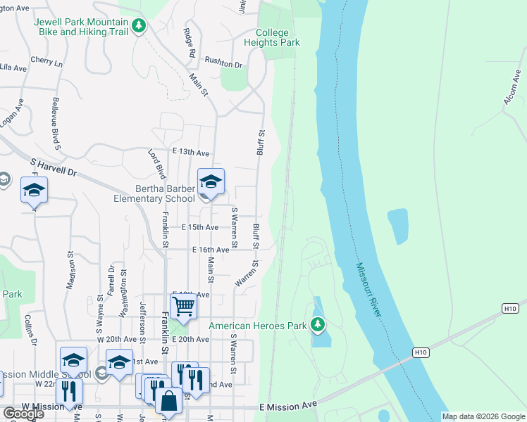 map of restaurants, bars, coffee shops, grocery stores, and more near 1411 Bluff Street in Bellevue
