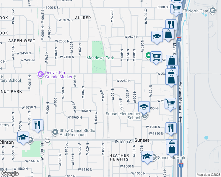 map of restaurants, bars, coffee shops, grocery stores, and more near 2177 North 450 West in Sunset