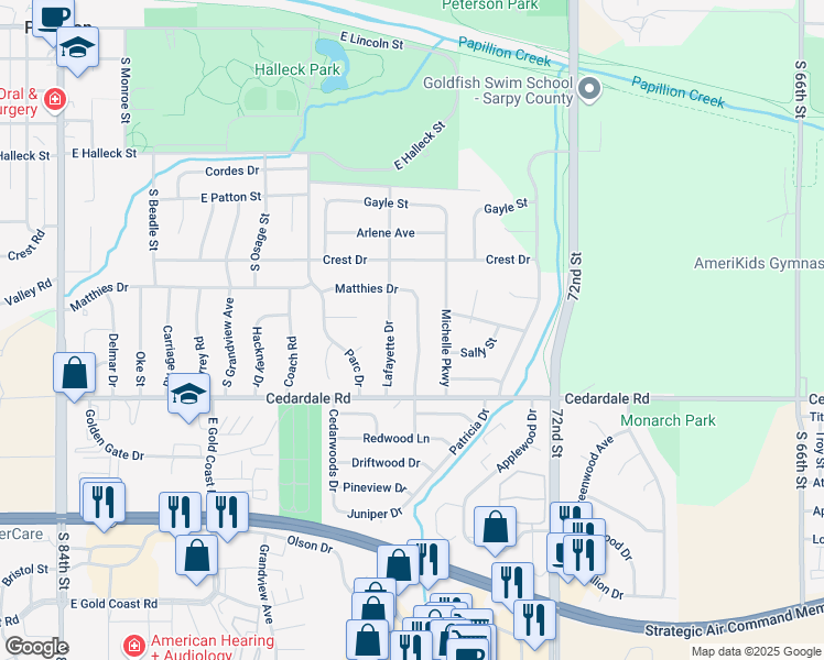map of restaurants, bars, coffee shops, grocery stores, and more near 1117 Lafayette Drive in Papillion