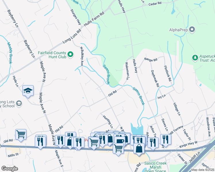 map of restaurants, bars, coffee shops, grocery stores, and more near 56 Bulkley Avenue North in Westport