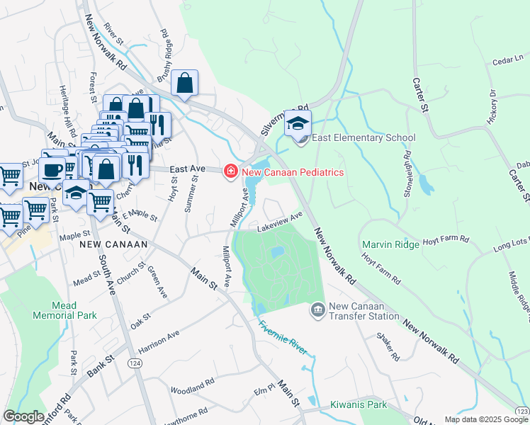 map of restaurants, bars, coffee shops, grocery stores, and more near 100 Lakeview Avenue in New Canaan