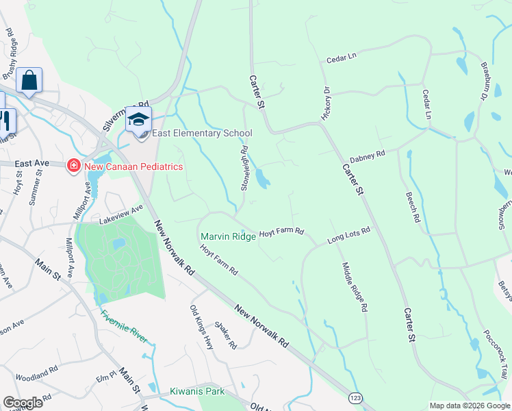 map of restaurants, bars, coffee shops, grocery stores, and more near 414 Hoyt Farm Road in New Canaan