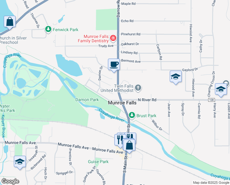 map of restaurants, bars, coffee shops, grocery stores, and more near 70 Falling Water Circle in Munroe Falls