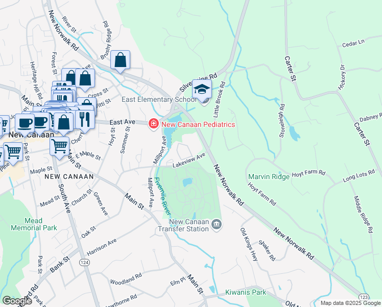 map of restaurants, bars, coffee shops, grocery stores, and more near 100 Lakeview Avenue in New Canaan