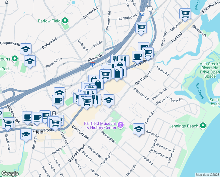 map of restaurants, bars, coffee shops, grocery stores, and more near 79 Beach Road in Fairfield