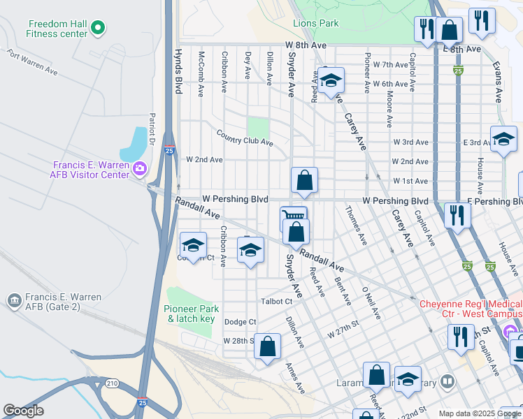 map of restaurants, bars, coffee shops, grocery stores, and more near 1100 Randall Avenue in Cheyenne