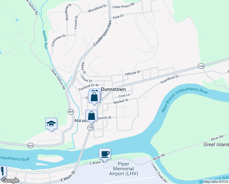 map of restaurants, bars, coffee shops, grocery stores, and more near Crist Lane in Lock Haven