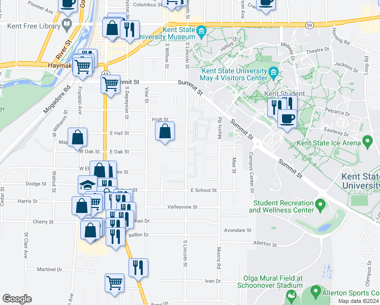 map of restaurants, bars, coffee shops, grocery stores, and more near 985 South Lincoln Street in Kent
