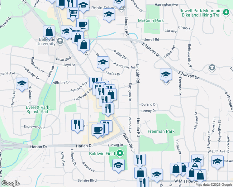 map of restaurants, bars, coffee shops, grocery stores, and more near 16 Lee Drive in Bellevue