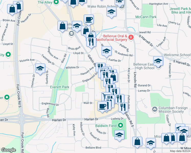 map of restaurants, bars, coffee shops, grocery stores, and more near 512 Wilshire Drive in Bellevue