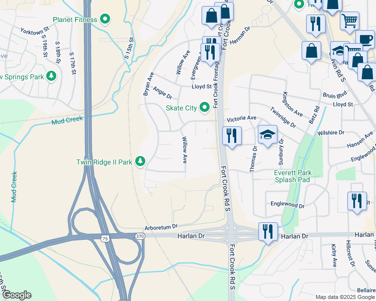 map of restaurants, bars, coffee shops, grocery stores, and more near 1502 Fort Crook Road South in Bellevue