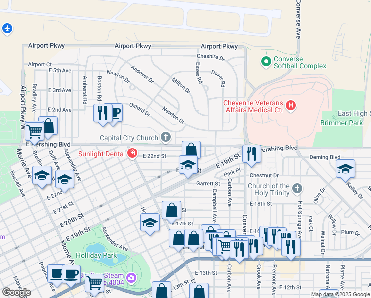 map of restaurants, bars, coffee shops, grocery stores, and more near 1847 East Pershing Boulevard in Cheyenne