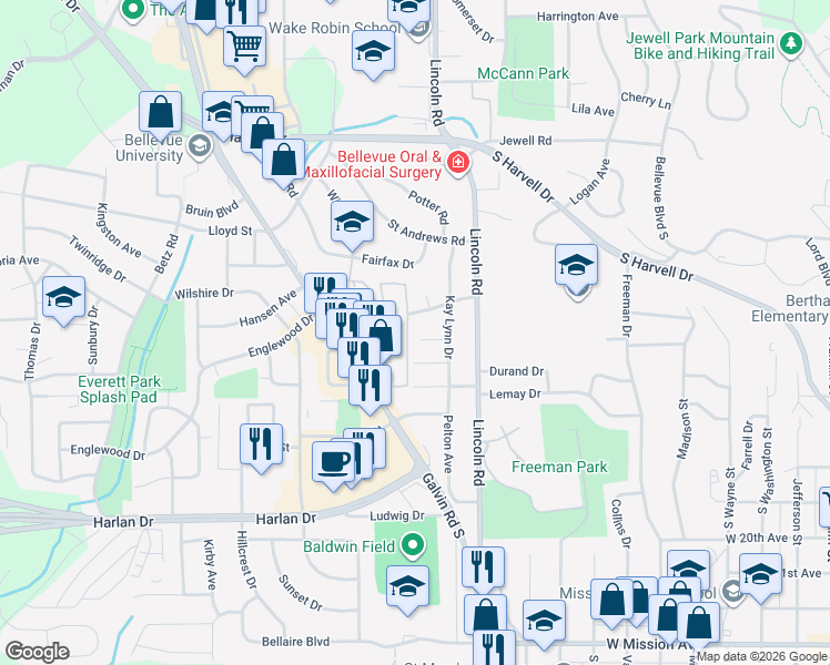 map of restaurants, bars, coffee shops, grocery stores, and more near 16 Lee Drive in Bellevue