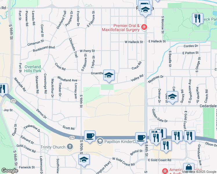 map of restaurants, bars, coffee shops, grocery stores, and more near 501 Valley Road in Papillion