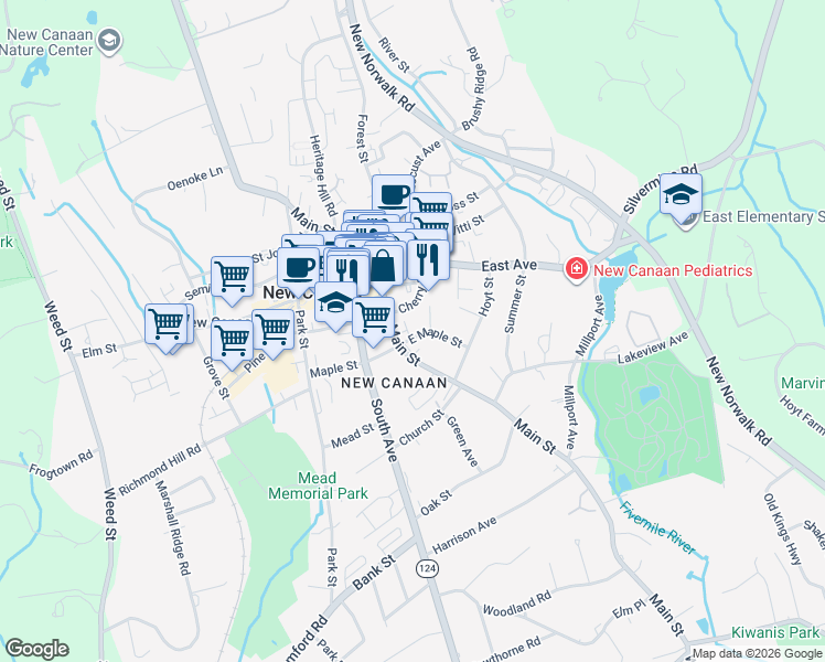 map of restaurants, bars, coffee shops, grocery stores, and more near 16 East Maple Street in New Canaan