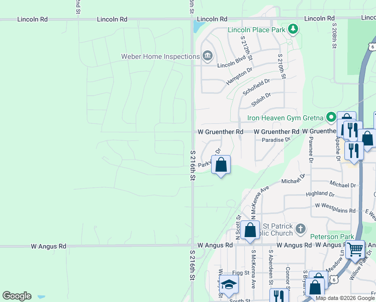map of restaurants, bars, coffee shops, grocery stores, and more near 21522 Parkview Drive in Gretna