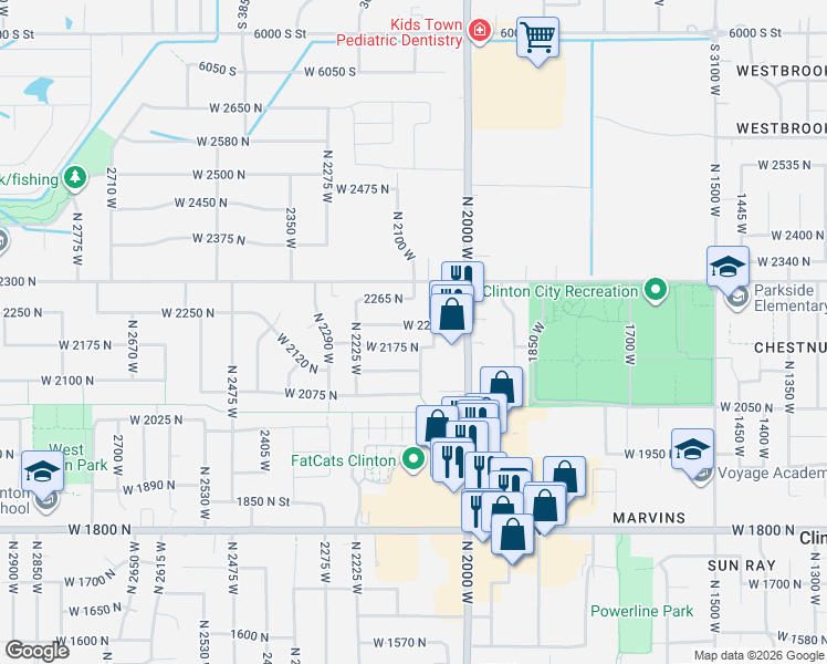 map of restaurants, bars, coffee shops, grocery stores, and more near 2113 West 2220 North in Clinton