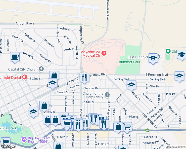 map of restaurants, bars, coffee shops, grocery stores, and more near 2360 East Pershing Boulevard in Cheyenne