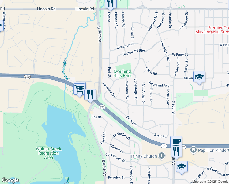 map of restaurants, bars, coffee shops, grocery stores, and more near 1204 Devon Drive in Papillion